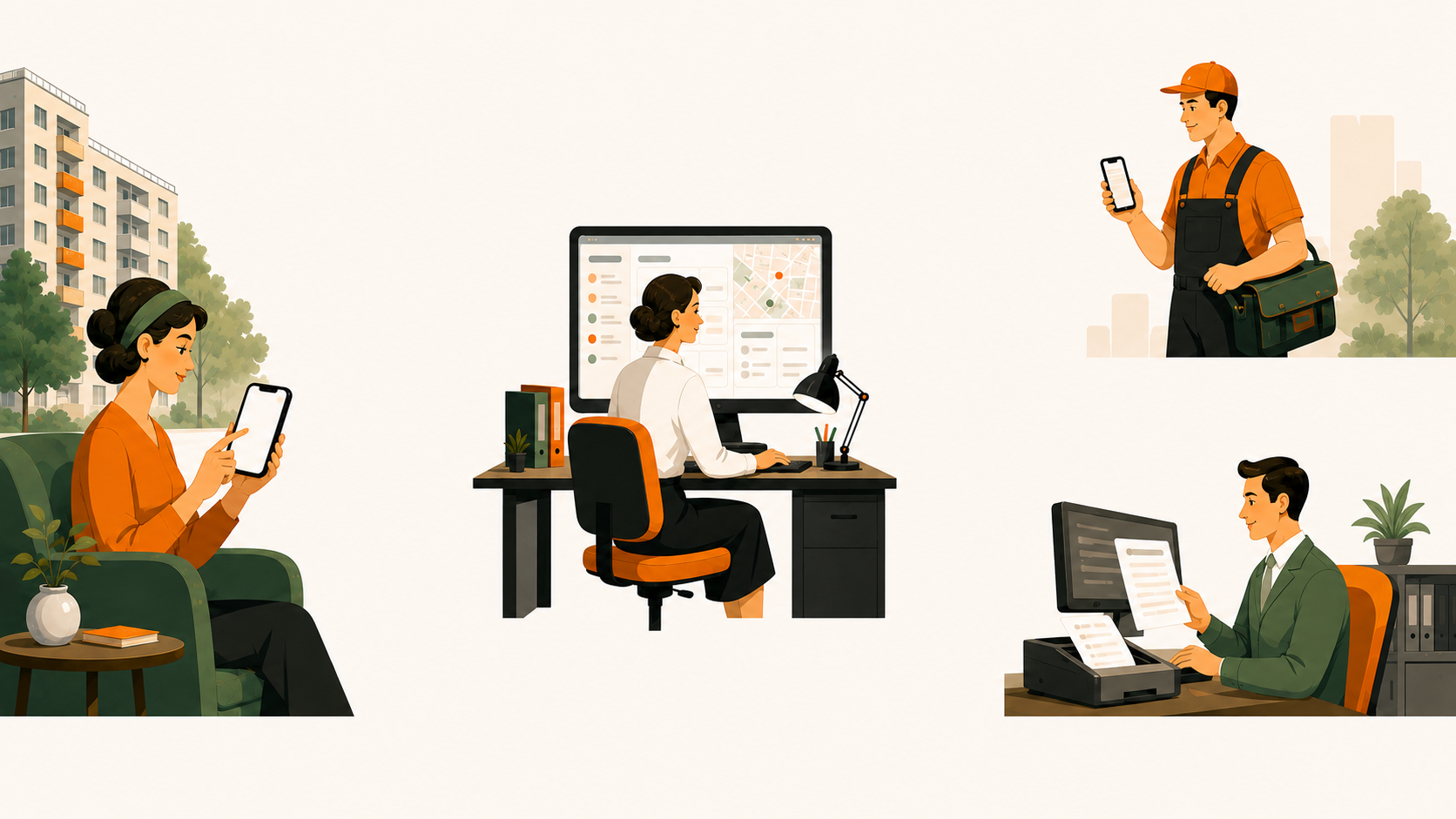 Схема работы приложения жителя с диспетчерской, исполнителем и расчётным центром
